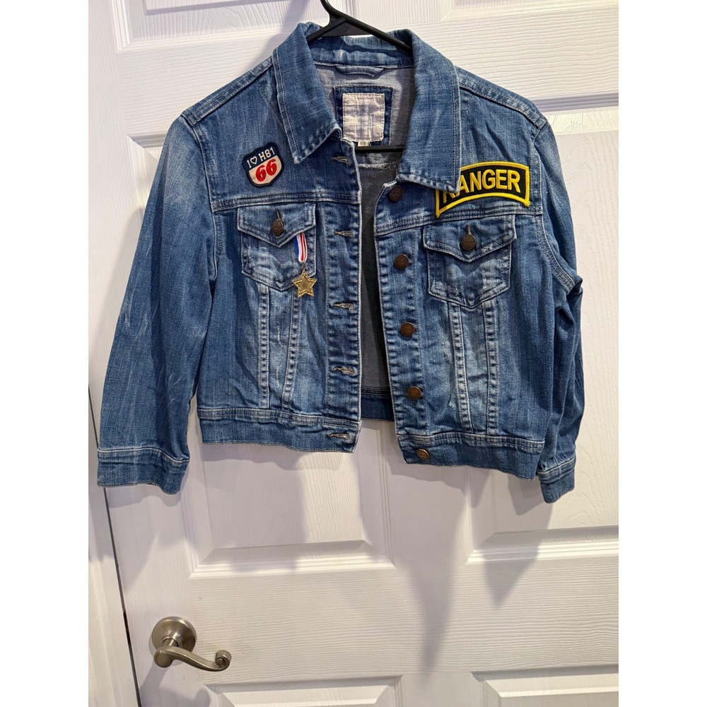 H81 Heritage Ranger Patch Cropped Denim‎ Jacket Medium Wash Distressed M